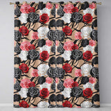 Elegant Rose Floral  with Black Red and White Flowers on Beige Background   Readymade Eyelet Ring Top Thermal 100% Blackout Curtains