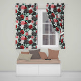 Elegant Rose Floral  with Black Red and White Flowers on Teal Background   Readymade Eyelet Ring Top Thermal 100% Blackout Curtains
