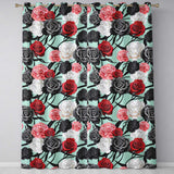 Elegant Rose Floral  with Black Red and White Flowers on Teal Background   Readymade Eyelet Ring Top Thermal 100% Blackout Curtains