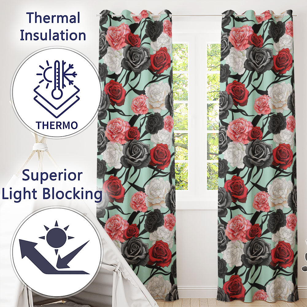 Elegant Rose Floral  with Black Red and White Flowers on Teal Background   Readymade Eyelet Ring Top Thermal 100% Blackout Curtains