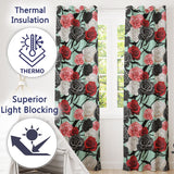 Elegant Rose Floral  with Black Red and White Flowers on Teal Background   Readymade Eyelet Ring Top Thermal 100% Blackout Curtains
