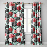 Elegant Rose Floral  with Black Red and White Flowers on Teal Background   Readymade Eyelet Ring Top Thermal 100% Blackout Curtains