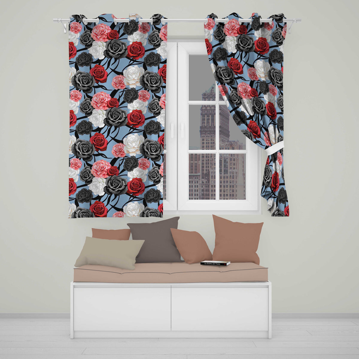 Elegant Rose Floral  with Black Red and White Flowers on Dusty Blue Background  Readymade Eyelet Ring Top Thermal 100% Blackout Curtains
