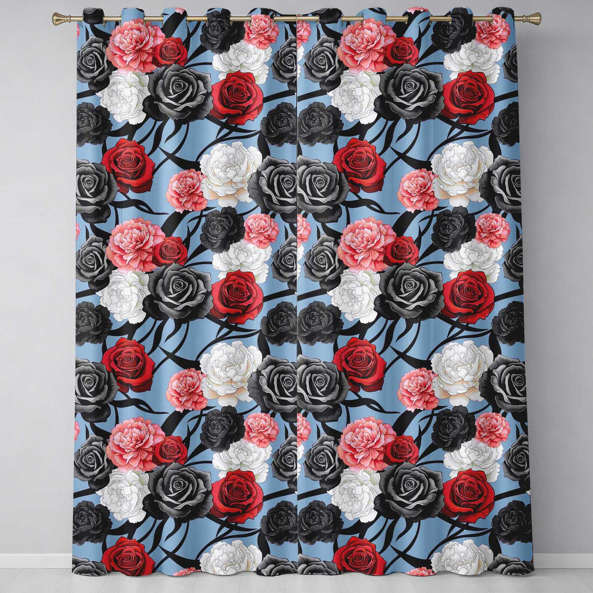 Elegant Rose Floral  with Black Red and White Flowers on Dusty Blue Background  Readymade Eyelet Ring Top Thermal 100% Blackout Curtains