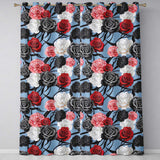 Elegant Rose Floral  with Black Red and White Flowers on Dusty Blue Background  Readymade Eyelet Ring Top Thermal 100% Blackout Curtains