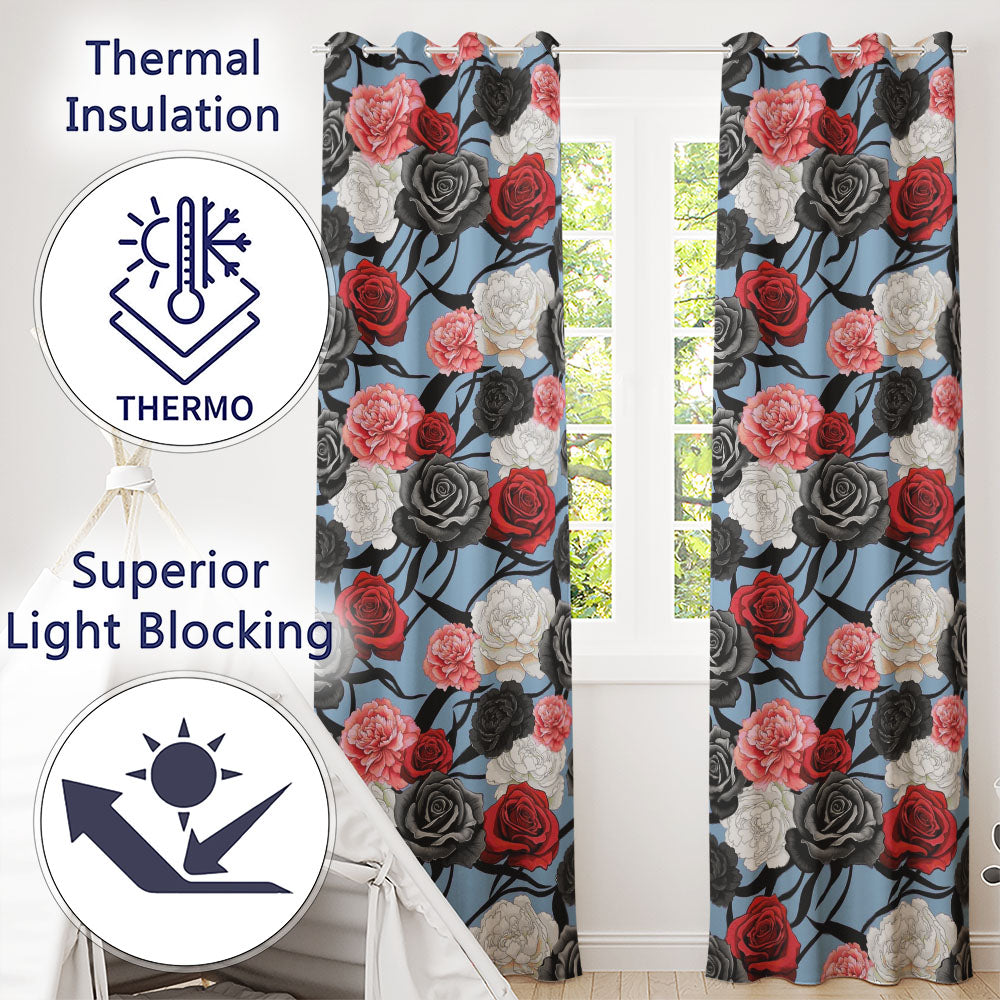 Elegant Rose Floral  with Black Red and White Flowers on Dusty Blue Background  Readymade Eyelet Ring Top Thermal 100% Blackout Curtains