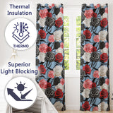 Elegant Rose Floral  with Black Red and White Flowers on Dusty Blue Background  Readymade Eyelet Ring Top Thermal 100% Blackout Curtains