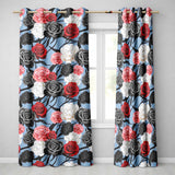 Elegant Rose Floral  with Black Red and White Flowers on Dusty Blue Background  Readymade Eyelet Ring Top Thermal 100% Blackout Curtains