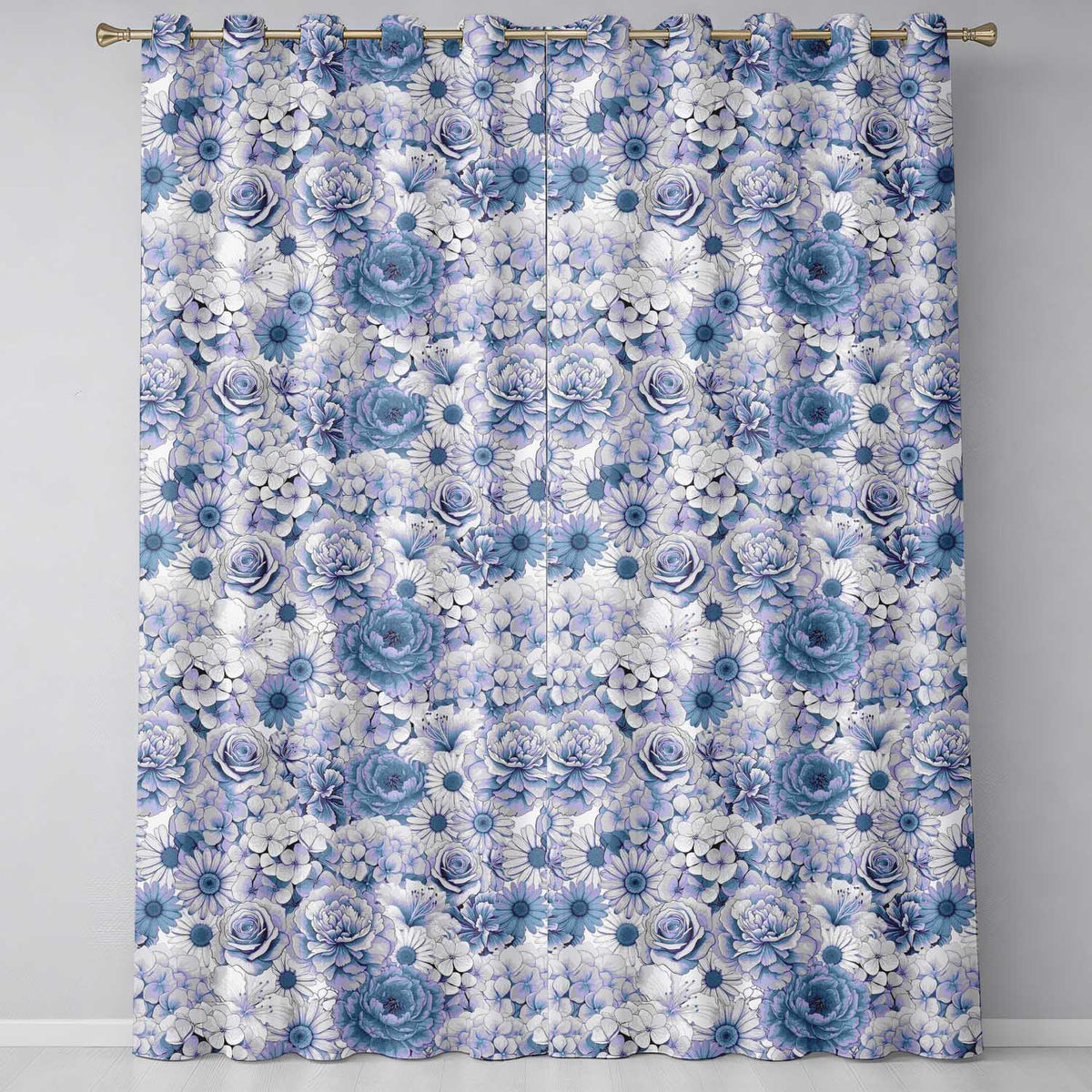 Soft Blue Toned Floral Bouquet Seamless Pattern with Roses Peonies and Daisies  Readymade Eyelet Ring Top Thermal 100% Blackout Curtains