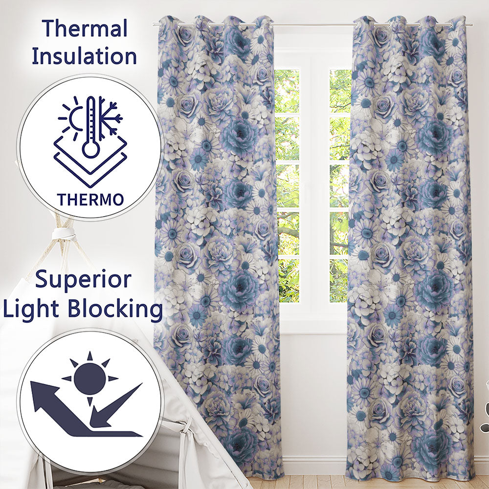 Soft Blue Toned Floral Bouquet Seamless Pattern with Roses Peonies and Daisies  Readymade Eyelet Ring Top Thermal 100% Blackout Curtains