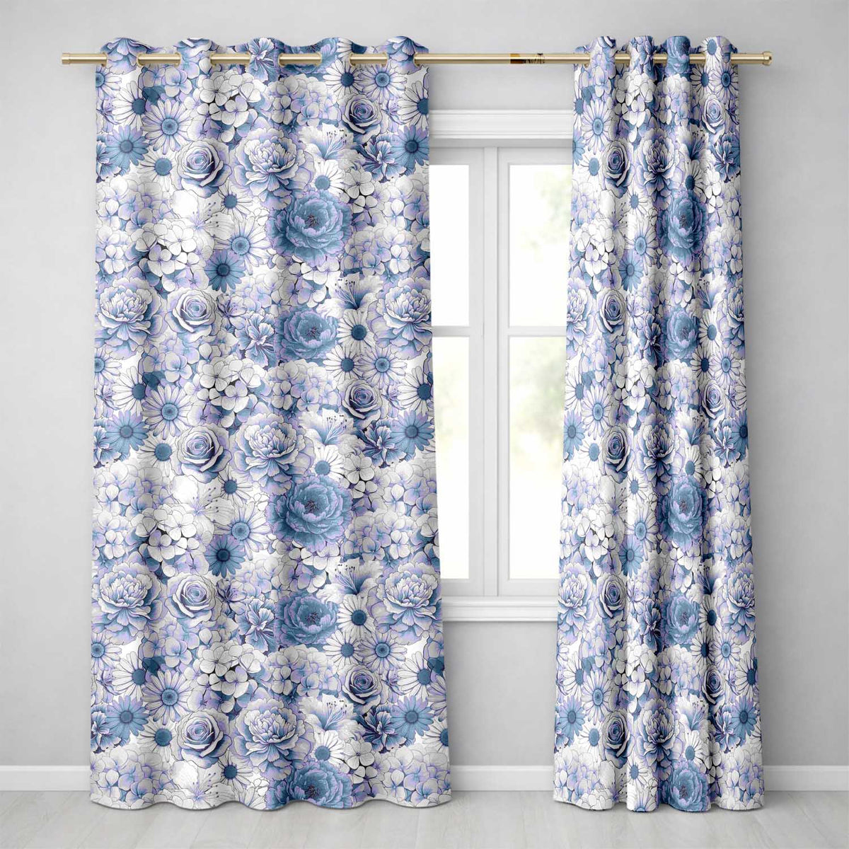 Soft Blue Toned Floral Bouquet Seamless Pattern with Roses Peonies and Daisies  Readymade Eyelet Ring Top Thermal 100% Blackout Curtains