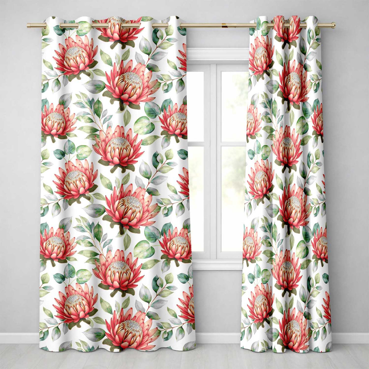 Coral Protea Flowers with Green Leaves Seamless Botanical Pattern  Readymade Eyelet Ring Top Thermal 100% Blackout Curtains
