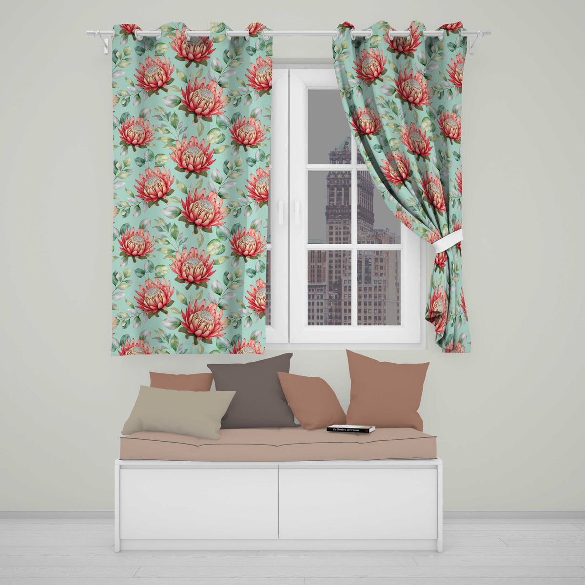 Coral Protea Flowers on Teal Background Seamless Botanical Pattern  Readymade Eyelet Ring Top Thermal 100% Blackout Curtains
