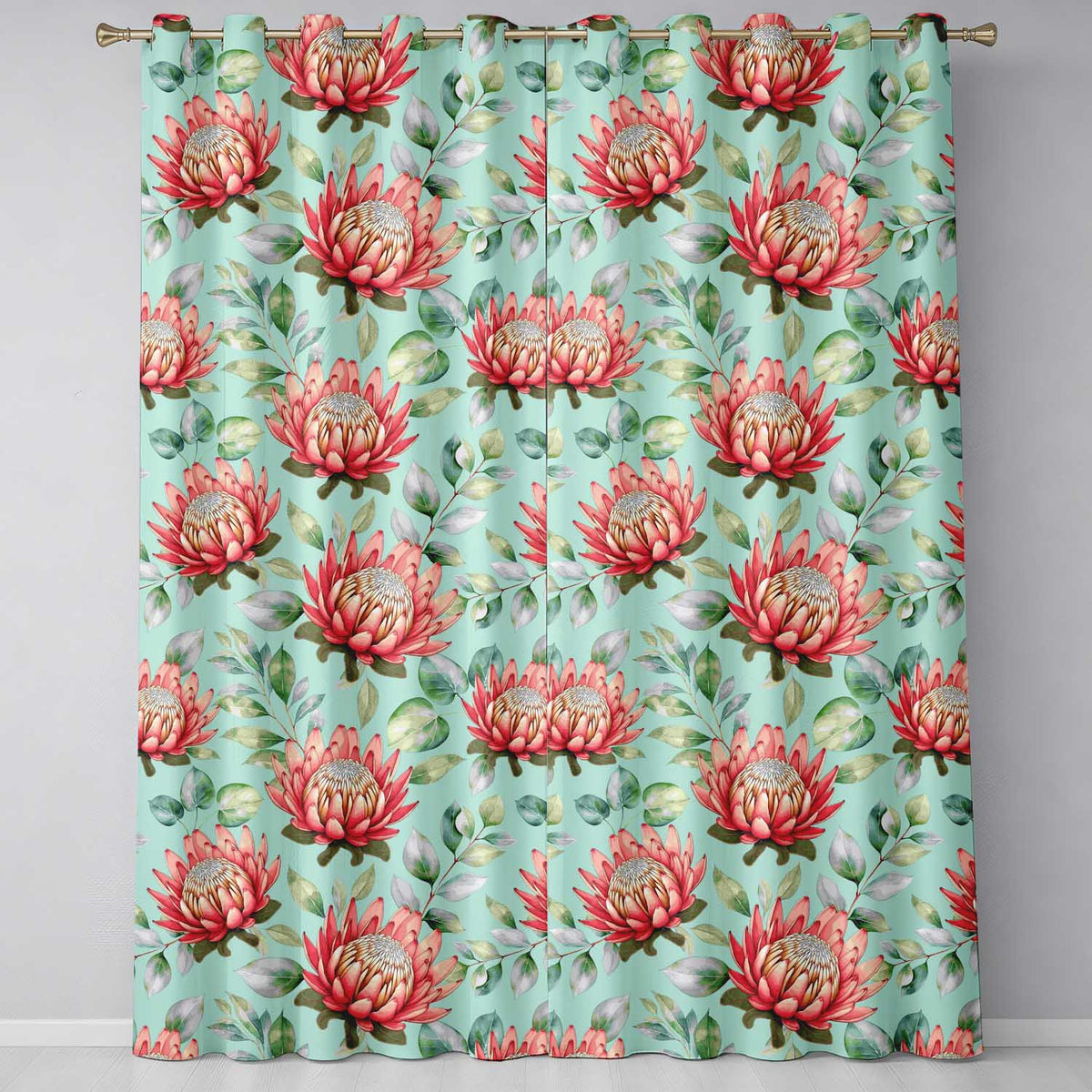 Coral Protea Flowers on Teal Background Seamless Botanical Pattern  Readymade Eyelet Ring Top Thermal 100% Blackout Curtains