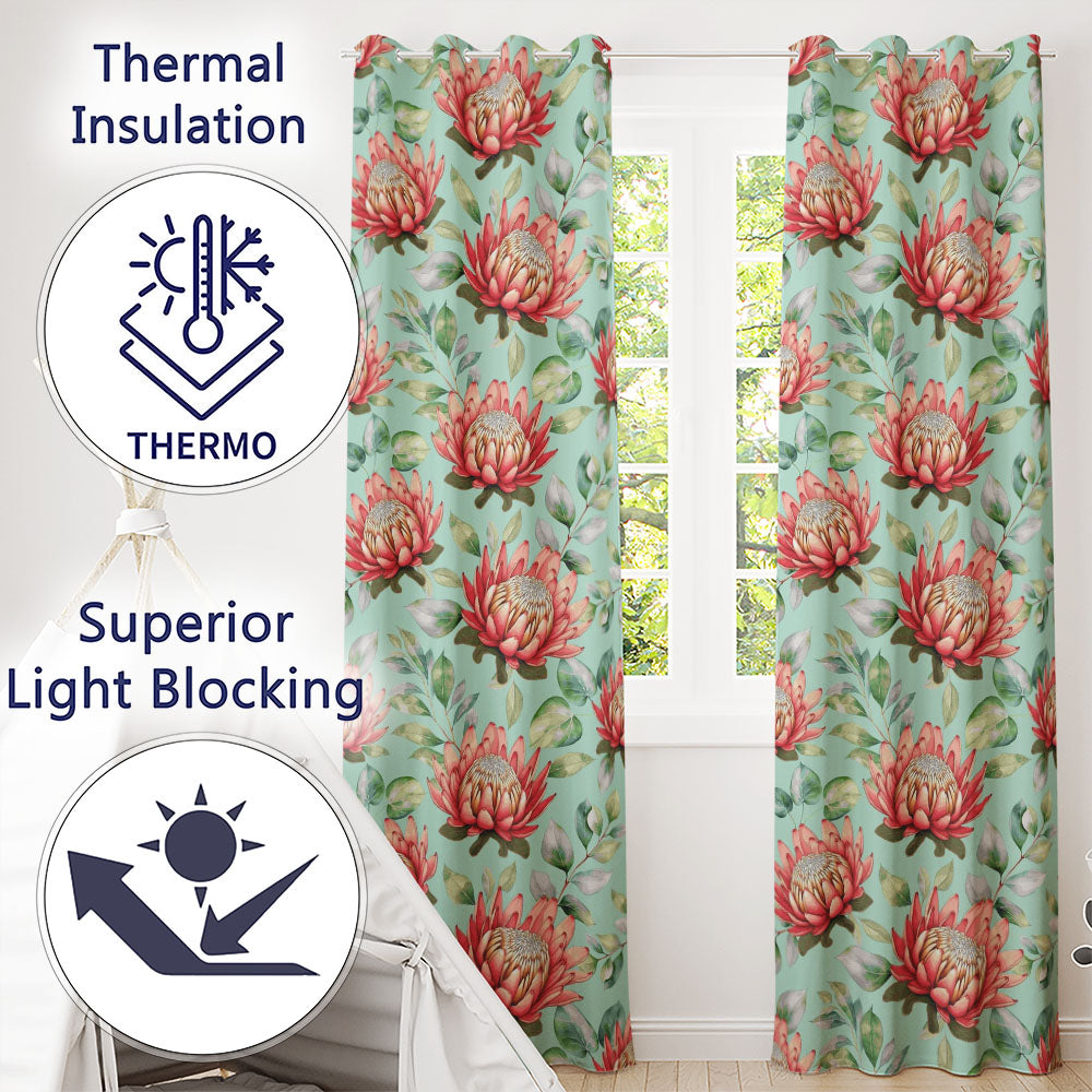 Coral Protea Flowers on Teal Background Seamless Botanical Pattern  Readymade Eyelet Ring Top Thermal 100% Blackout Curtains