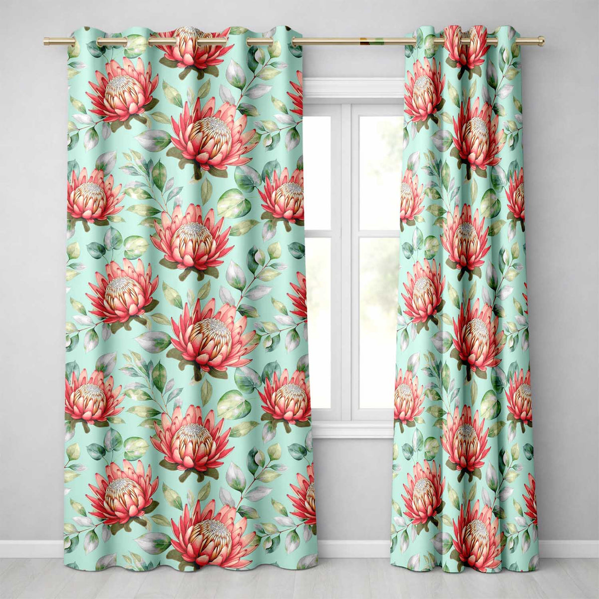 Coral Protea Flowers on Teal Background Seamless Botanical Pattern  Readymade Eyelet Ring Top Thermal 100% Blackout Curtains