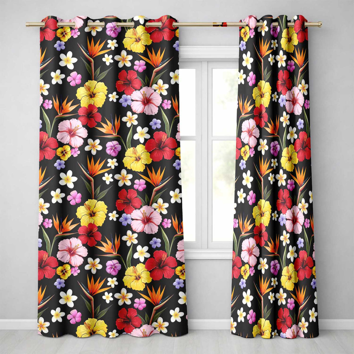 Tropical Hibiscus Bird of Paradise Seamless Pattern Black Background  Readymade Eyelet Ring Top Thermal 100% Blackout Curtains