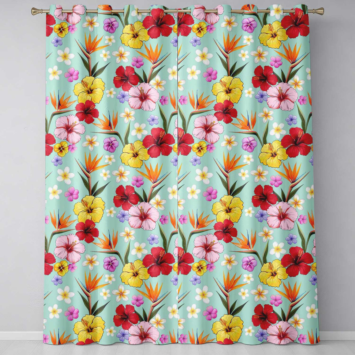 Tropical Hibiscus Bird of Paradise Seamless Pattern Teal Background  Readymade Eyelet Ring Top Thermal 100% Blackout Curtains