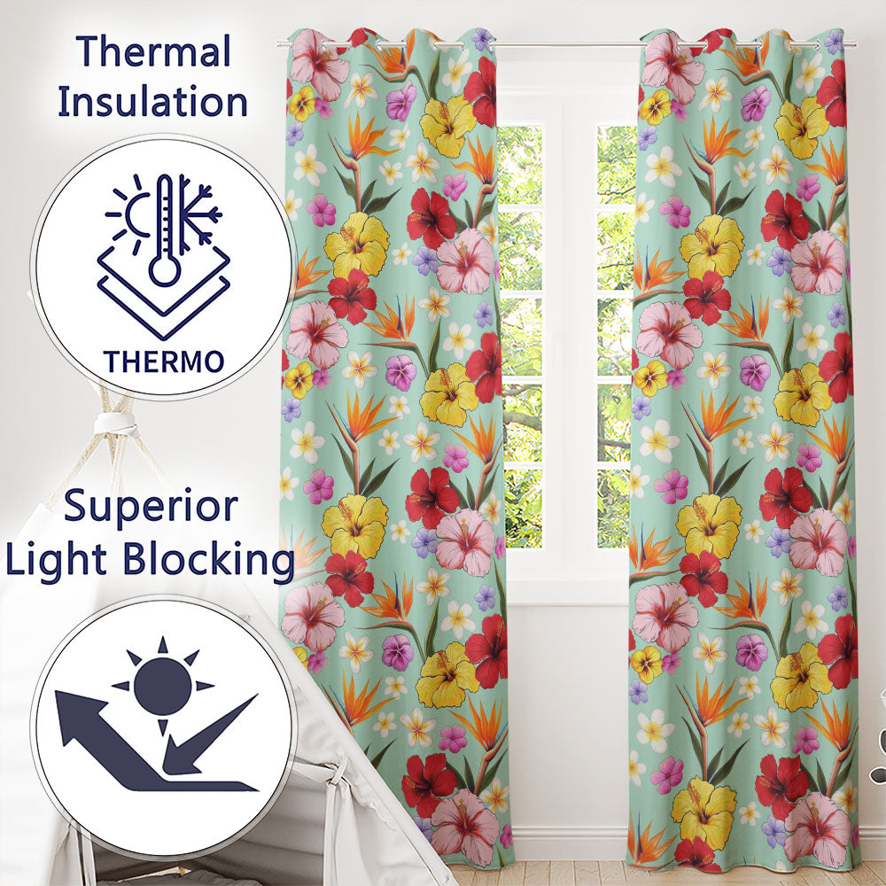 Tropical Hibiscus Bird of Paradise Seamless Pattern Teal Background  Readymade Eyelet Ring Top Thermal 100% Blackout Curtains
