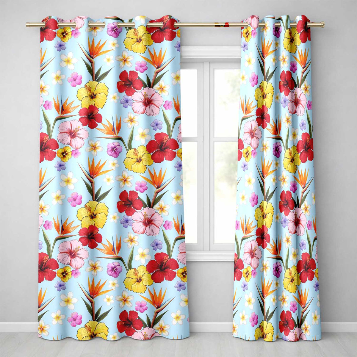 Tropical Hibiscus Bird of Paradise Seamless Pattern Blue Background  Readymade Eyelet Ring Top Thermal 100% Blackout Curtains