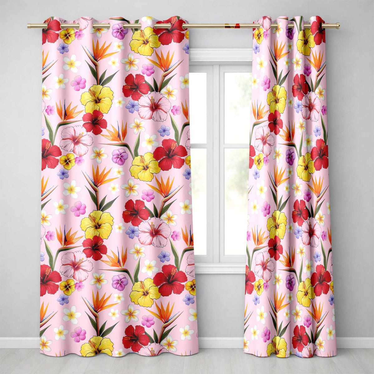 Tropical Hibiscus Bird of Paradise Seamless Pattern Pink Background  Readymade Eyelet Ring Top Thermal 100% Blackout Curtains