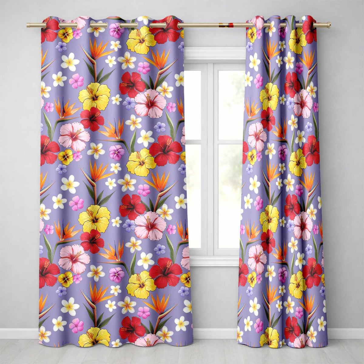 Tropical Hibiscus Bird of Paradise Seamless Pattern Purple Background  Readymade Eyelet Ring Top Thermal 100% Blackout Curtains
