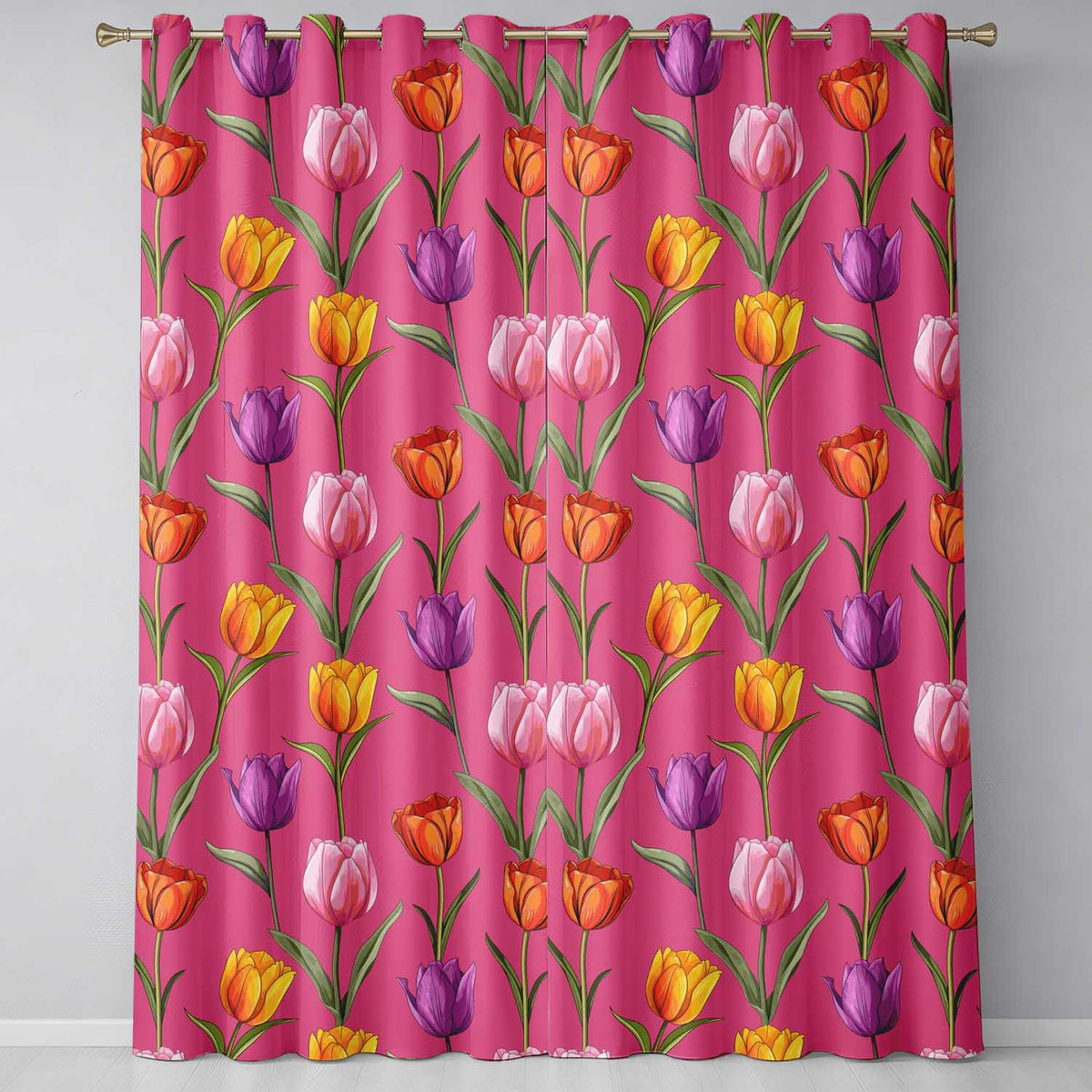 Elegant Tulip Floral Seamless Pattern Bright Pink Background Spring Flowers  Readymade Eyelet Ring Top Thermal 100% Blackout Curtains