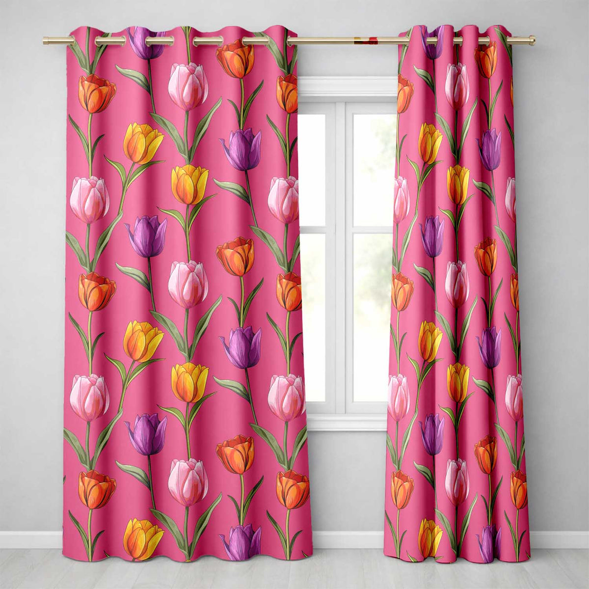 Elegant Tulip Floral Seamless Pattern Bright Pink Background Spring Flowers  Readymade Eyelet Ring Top Thermal 100% Blackout Curtains