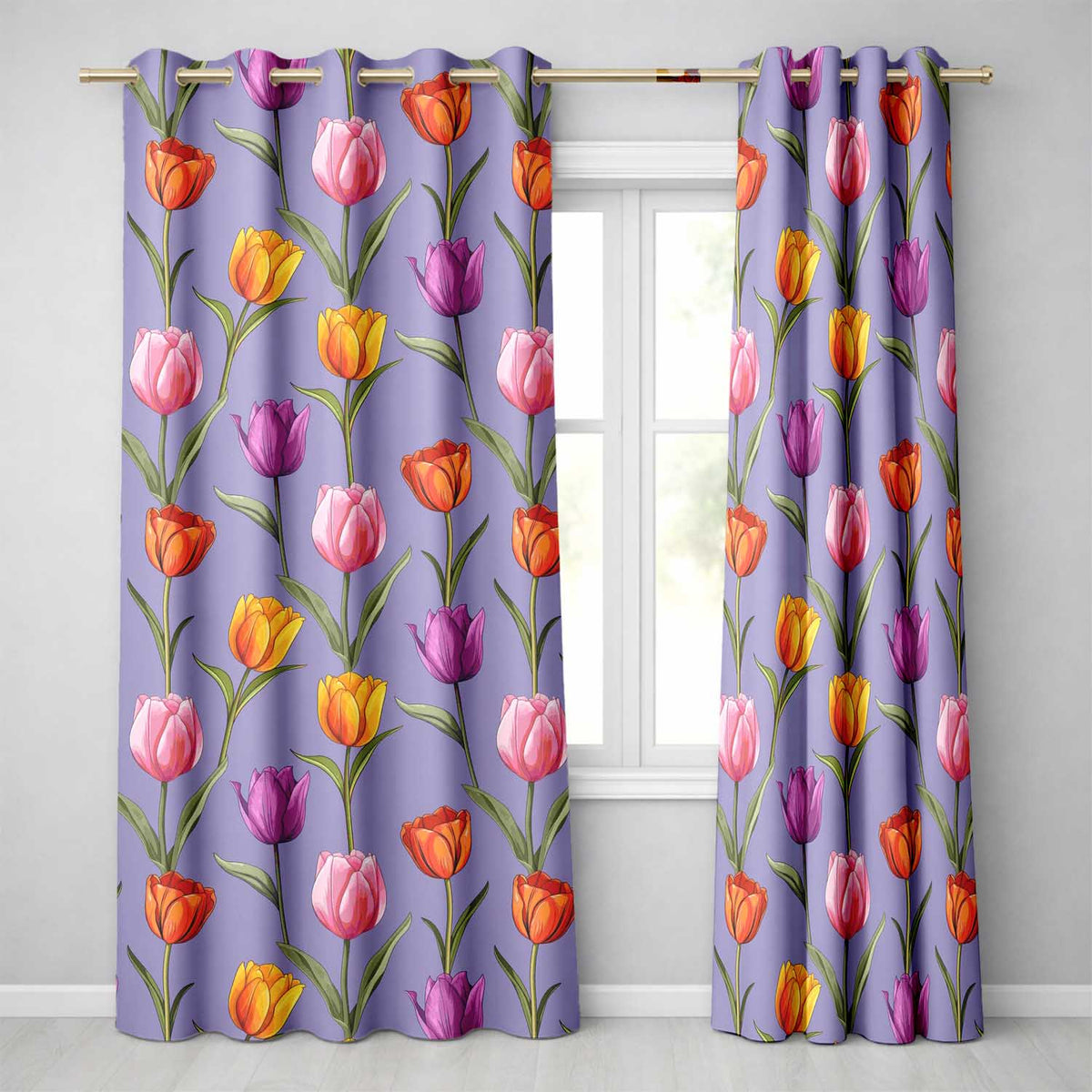 Elegant Tulip Floral Seamless Pattern Purple Background Spring Flowers  Readymade Eyelet Ring Top Thermal 100% Blackout Curtains