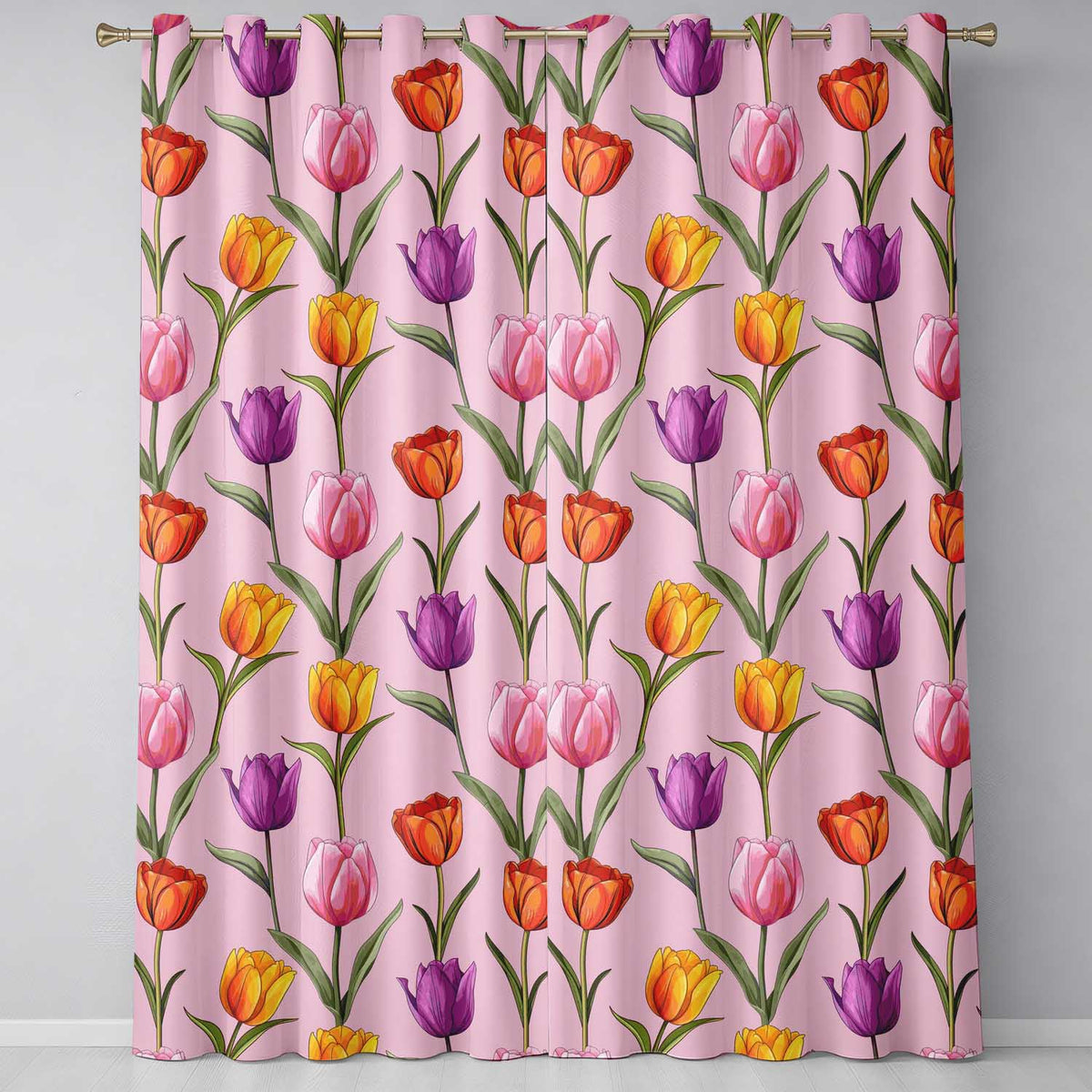 Elegant Tulip Floral Seamless Pattern Soft Pink Background Spring Flowers  Readymade Eyelet Ring Top Thermal 100% Blackout Curtains
