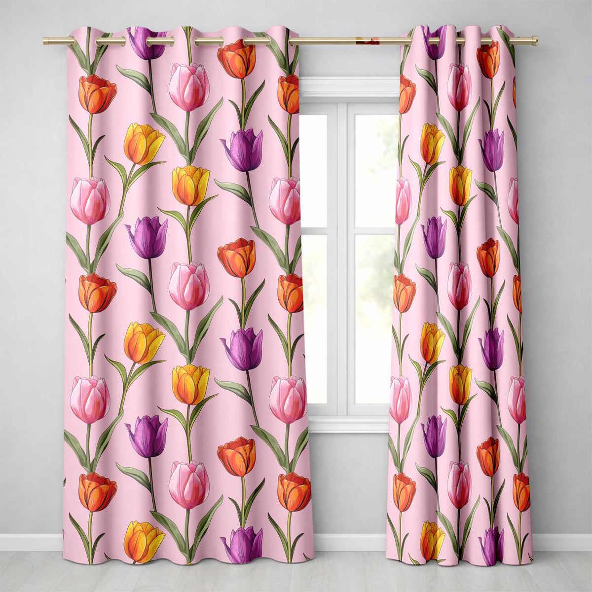 Elegant Tulip Floral Seamless Pattern Soft Pink Background Spring Flowers  Readymade Eyelet Ring Top Thermal 100% Blackout Curtains