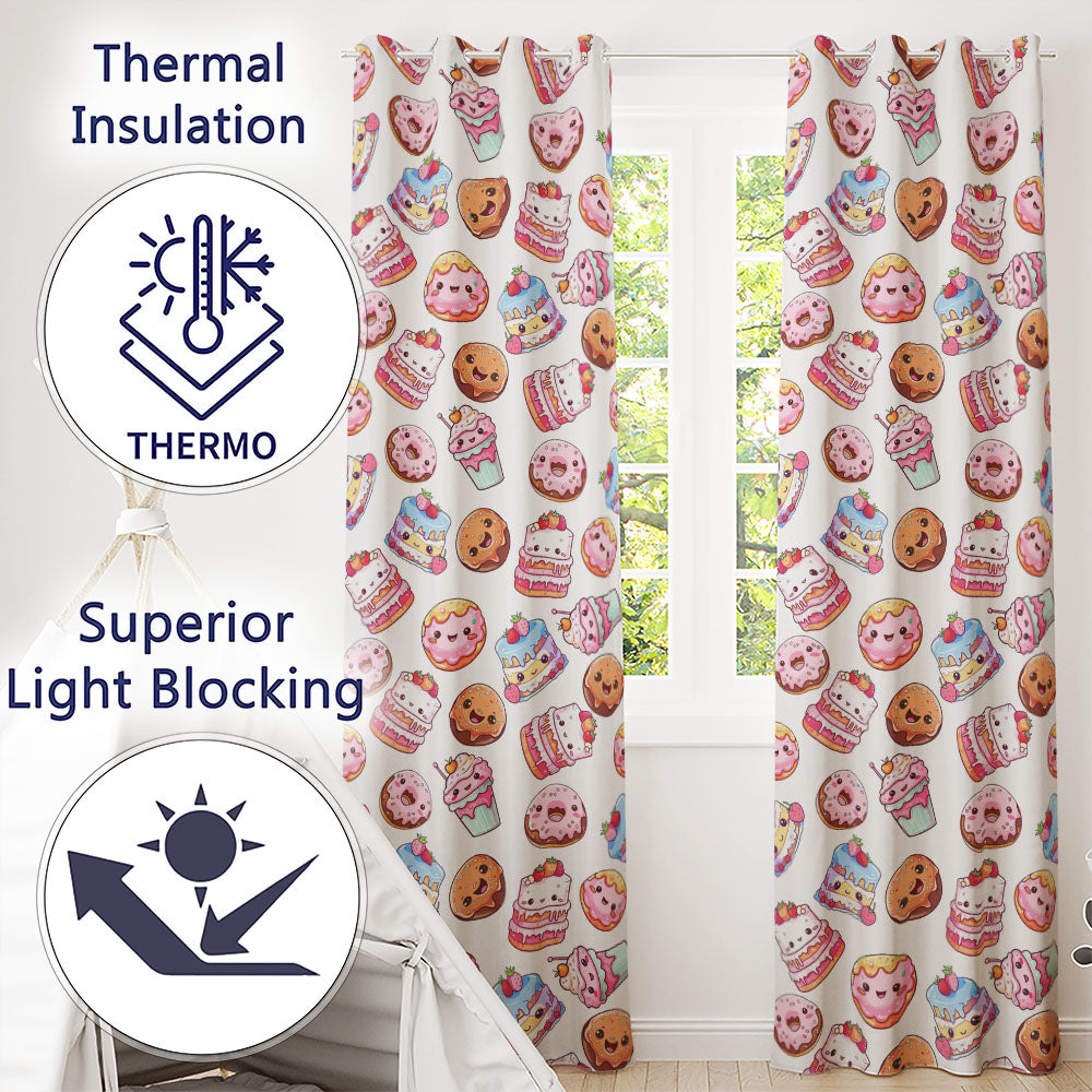 Cute Kawaii Donuts Cakes and Cupcakes with Smiling Faces Seamless Pattern  Readymade Eyelet Ring Top Thermal 100% Blackout Curtains