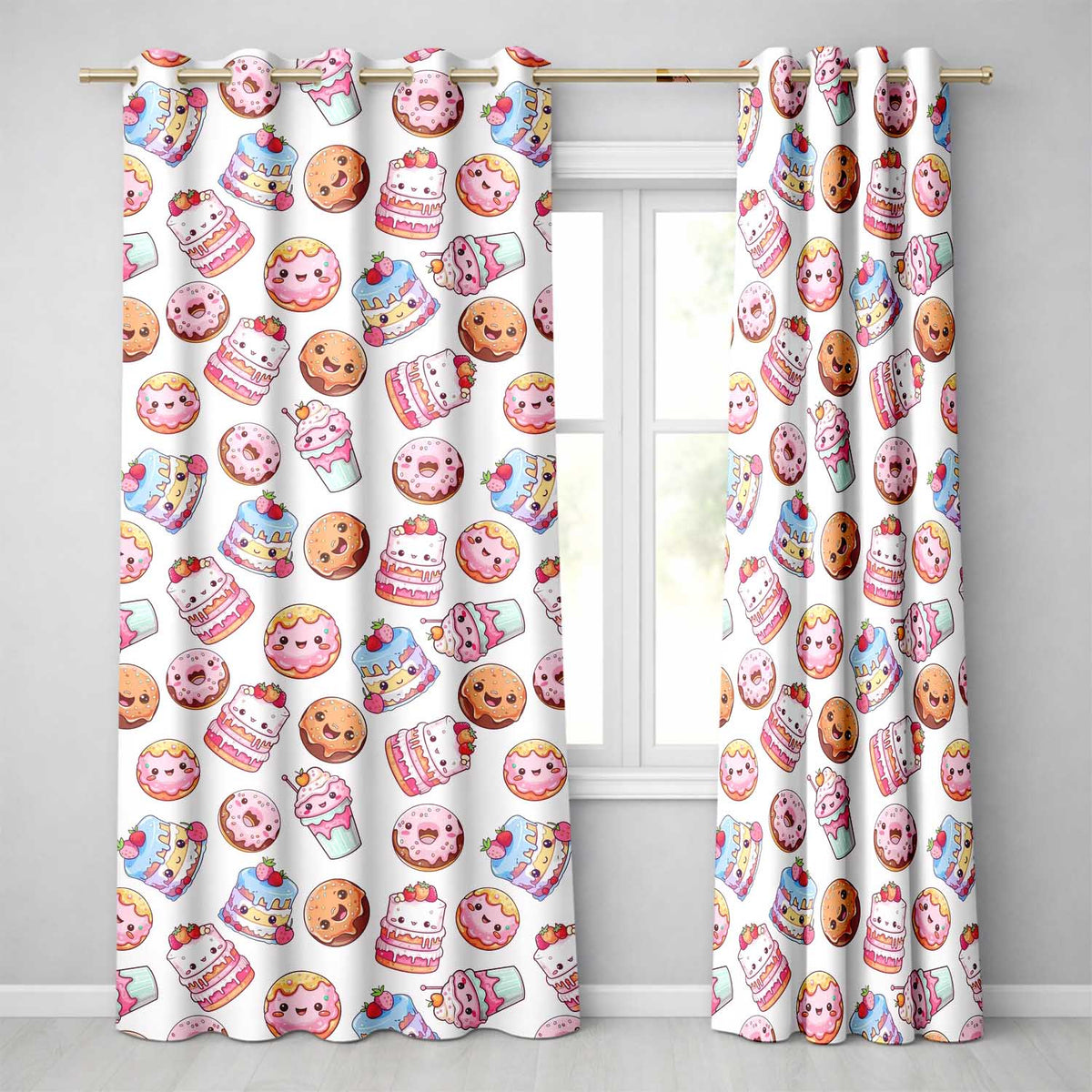 Cute Kawaii Donuts Cakes and Cupcakes with Smiling Faces Seamless Pattern  Readymade Eyelet Ring Top Thermal 100% Blackout Curtains