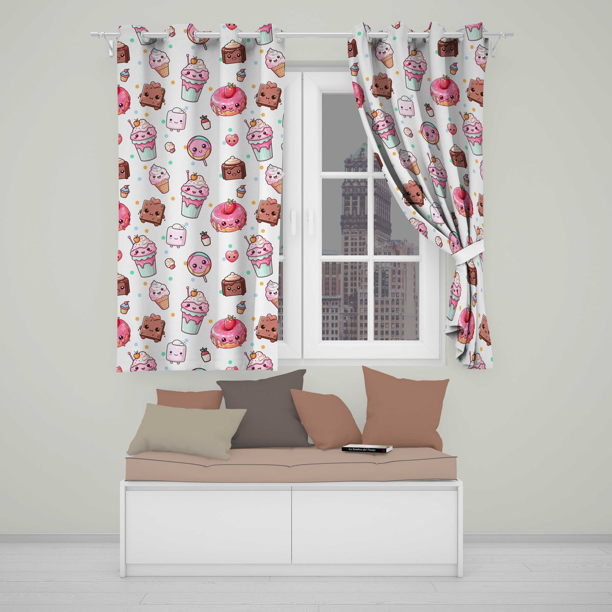 Cute Kawaii Desserts Candy Cakes and Sweet Treat Characters Seamless Pattern  Readymade Eyelet Ring Top Thermal 100% Blackout Curtains