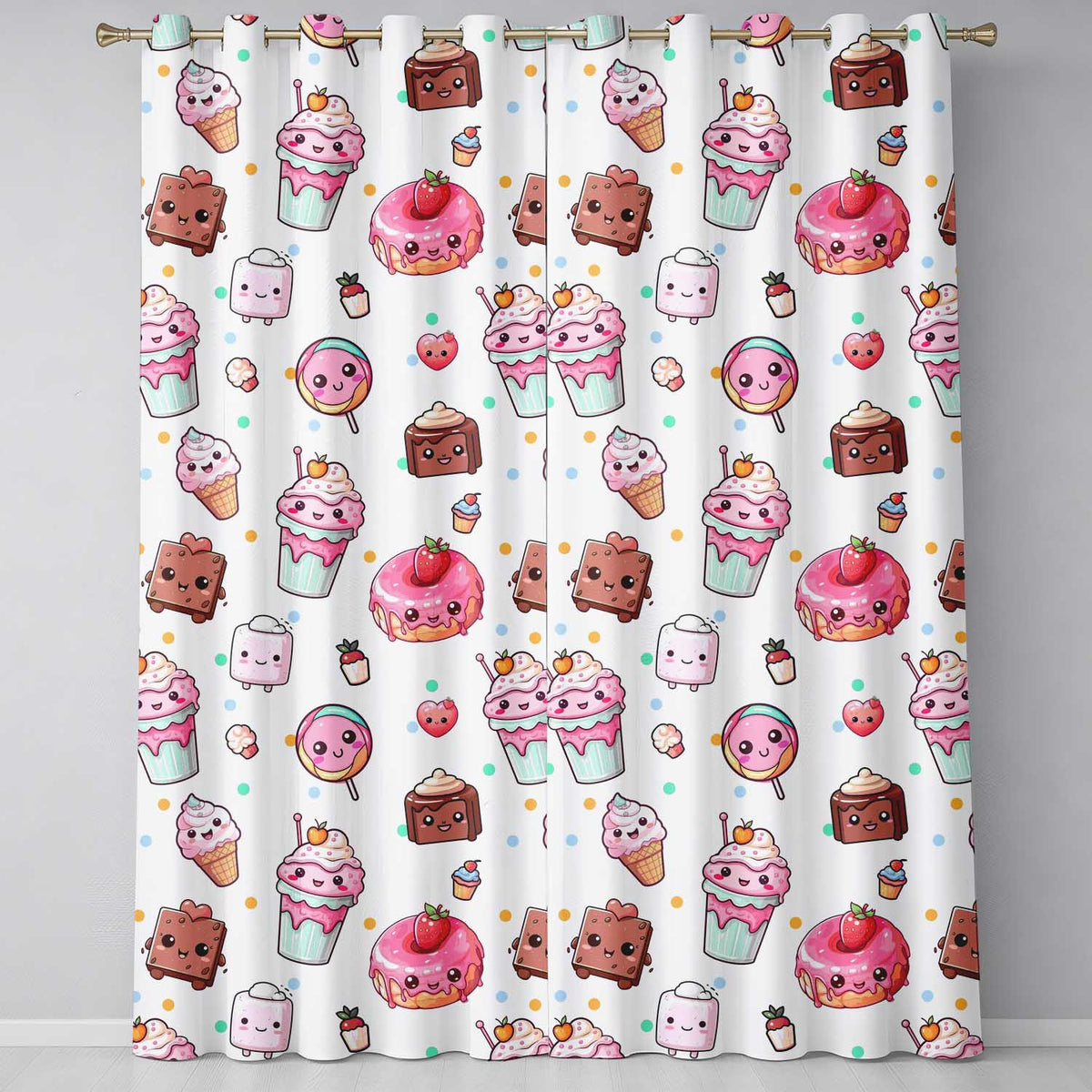 Cute Kawaii Desserts Candy Cakes and Sweet Treat Characters Seamless Pattern  Readymade Eyelet Ring Top Thermal 100% Blackout Curtains