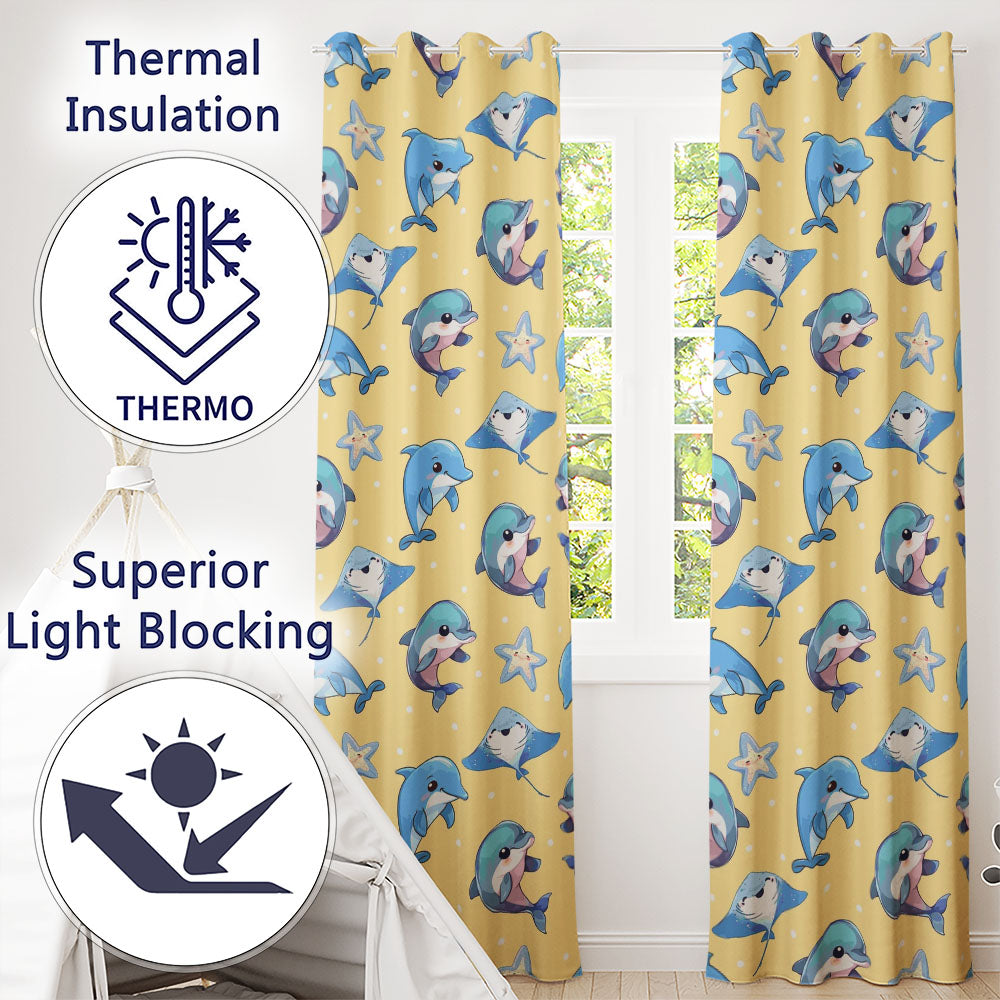 Cute Dolphins Stingrays and Starfish Ocean Animals Seamless Pattern  Readymade Eyelet Ring Top Thermal 100% Blackout Curtains