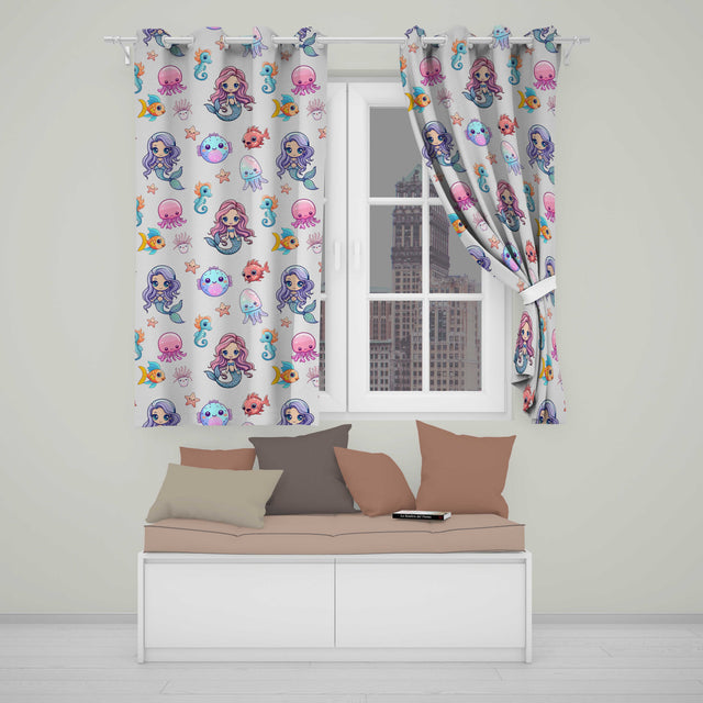 Cute Kawaii Mermaid Seahorse Jellyfish and Starfish Ocean Seamless Pattern  Readymade Eyelet Ring Top Thermal 100% Blackout Curtains