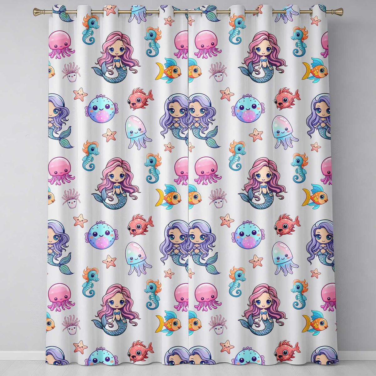 Cute Kawaii Mermaid Seahorse Jellyfish and Starfish Ocean Seamless Pattern  Readymade Eyelet Ring Top Thermal 100% Blackout Curtains