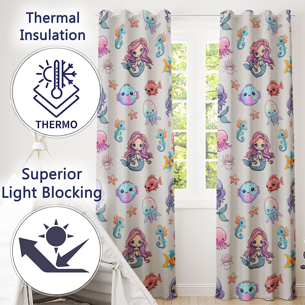 Cute Kawaii Mermaid Seahorse Jellyfish and Starfish Ocean Seamless Pattern  Readymade Eyelet Ring Top Thermal 100% Blackout Curtains