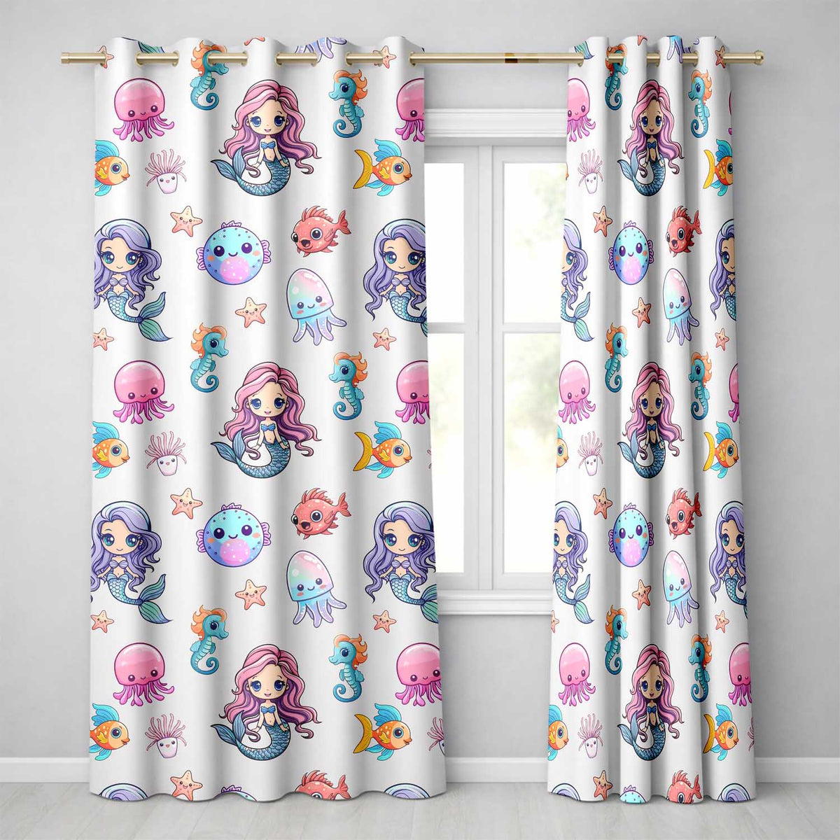 Cute Kawaii Mermaid Seahorse Jellyfish and Starfish Ocean Seamless Pattern  Readymade Eyelet Ring Top Thermal 100% Blackout Curtains