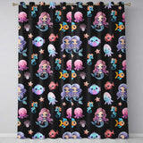 Cute Kawaii Mermaid Seahorse Jellyfish and Starfish on Black Background   Readymade Eyelet Ring Top Thermal 100% Blackout Curtains