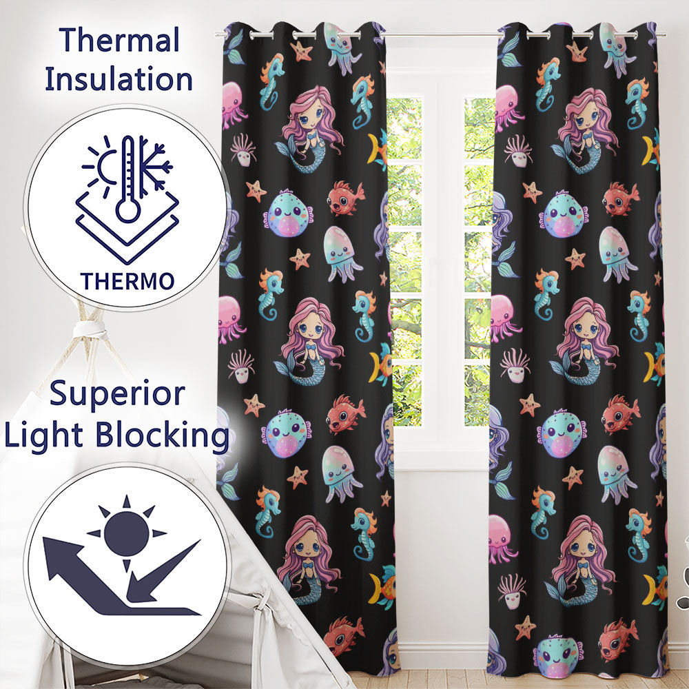Cute Kawaii Mermaid Seahorse Jellyfish and Starfish on Black Background   Readymade Eyelet Ring Top Thermal 100% Blackout Curtains