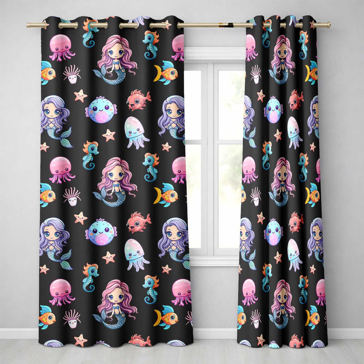 Cute Kawaii Mermaid Seahorse Jellyfish and Starfish on Black Background   Readymade Eyelet Ring Top Thermal 100% Blackout Curtains