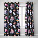 Cute Kawaii Mermaid Seahorse Jellyfish and Starfish on Black Background   Readymade Eyelet Ring Top Thermal 100% Blackout Curtains