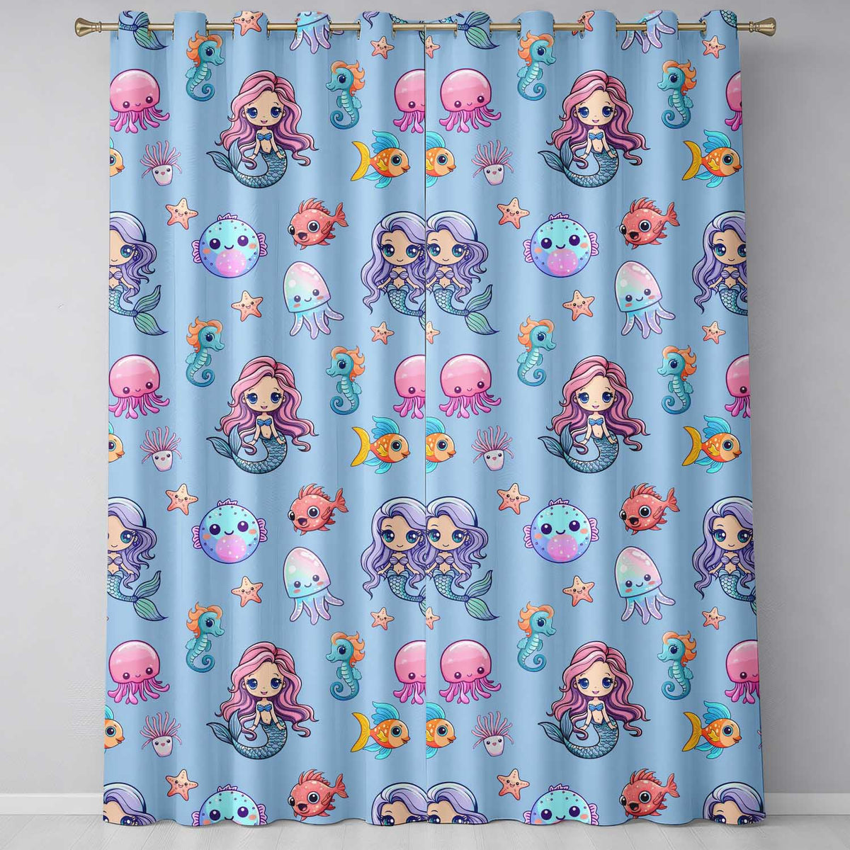 Cute Kawaii Mermaid Seahorse Jellyfish and Starfish Blue Background  Pattern  Readymade Eyelet Ring Top Thermal 100% Blackout Curtains