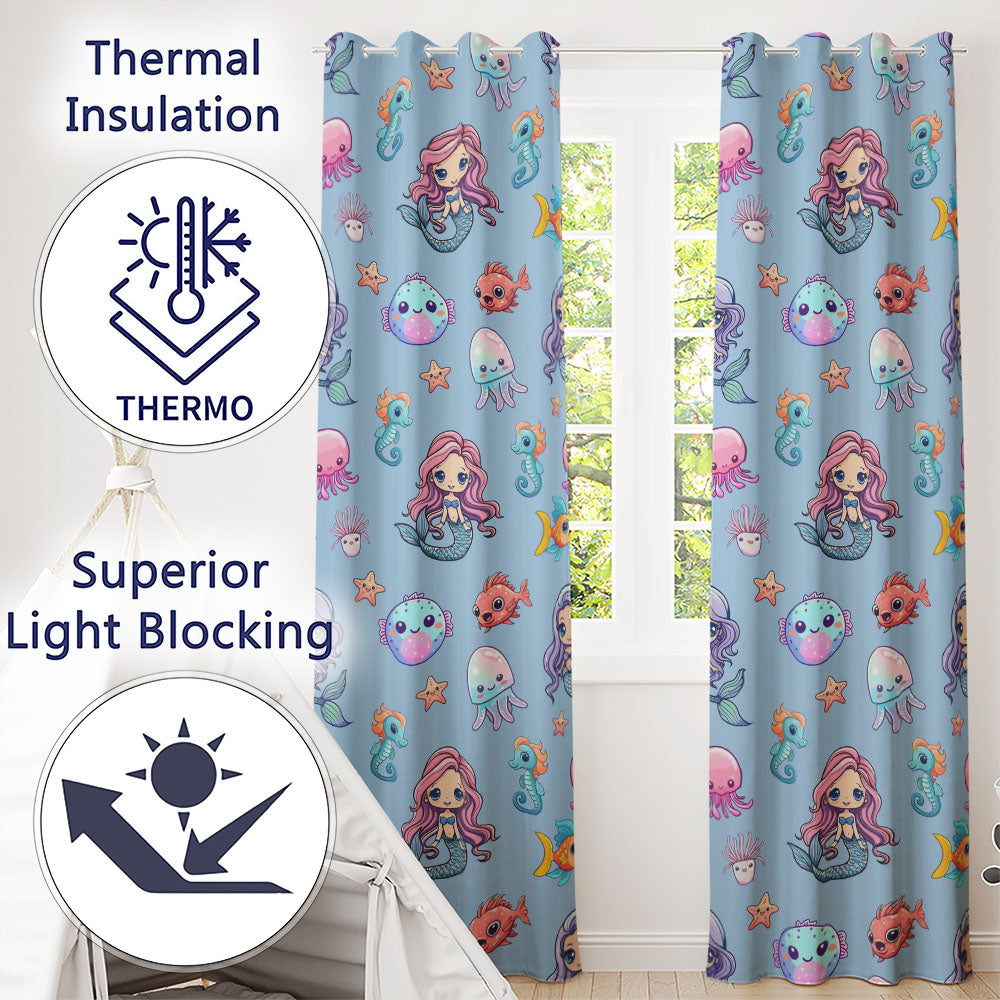 Cute Kawaii Mermaid Seahorse Jellyfish and Starfish Blue Background  Pattern  Readymade Eyelet Ring Top Thermal 100% Blackout Curtains