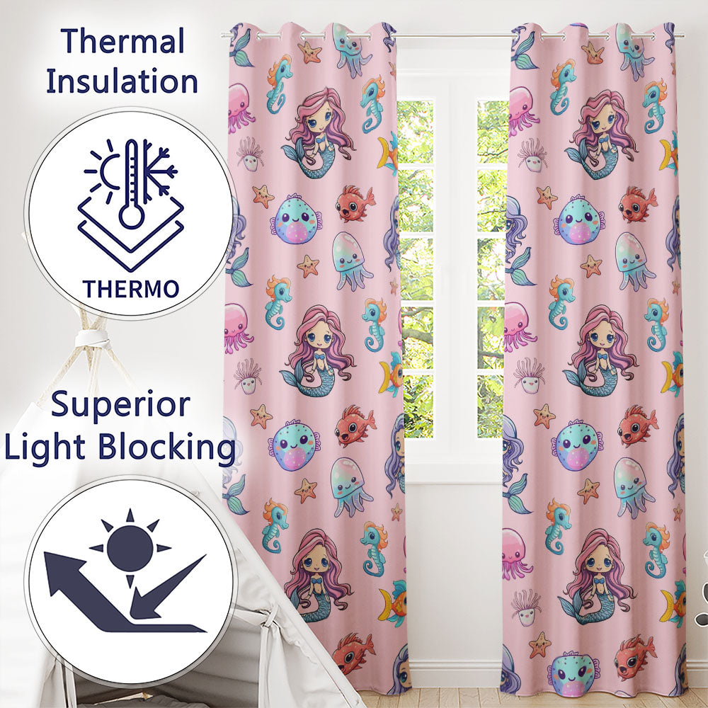 Cute Kawaii Mermaid Seahorse Jellyfish and Starfish Light Pink Background   Readymade Eyelet Ring Top Thermal 100% Blackout Curtains