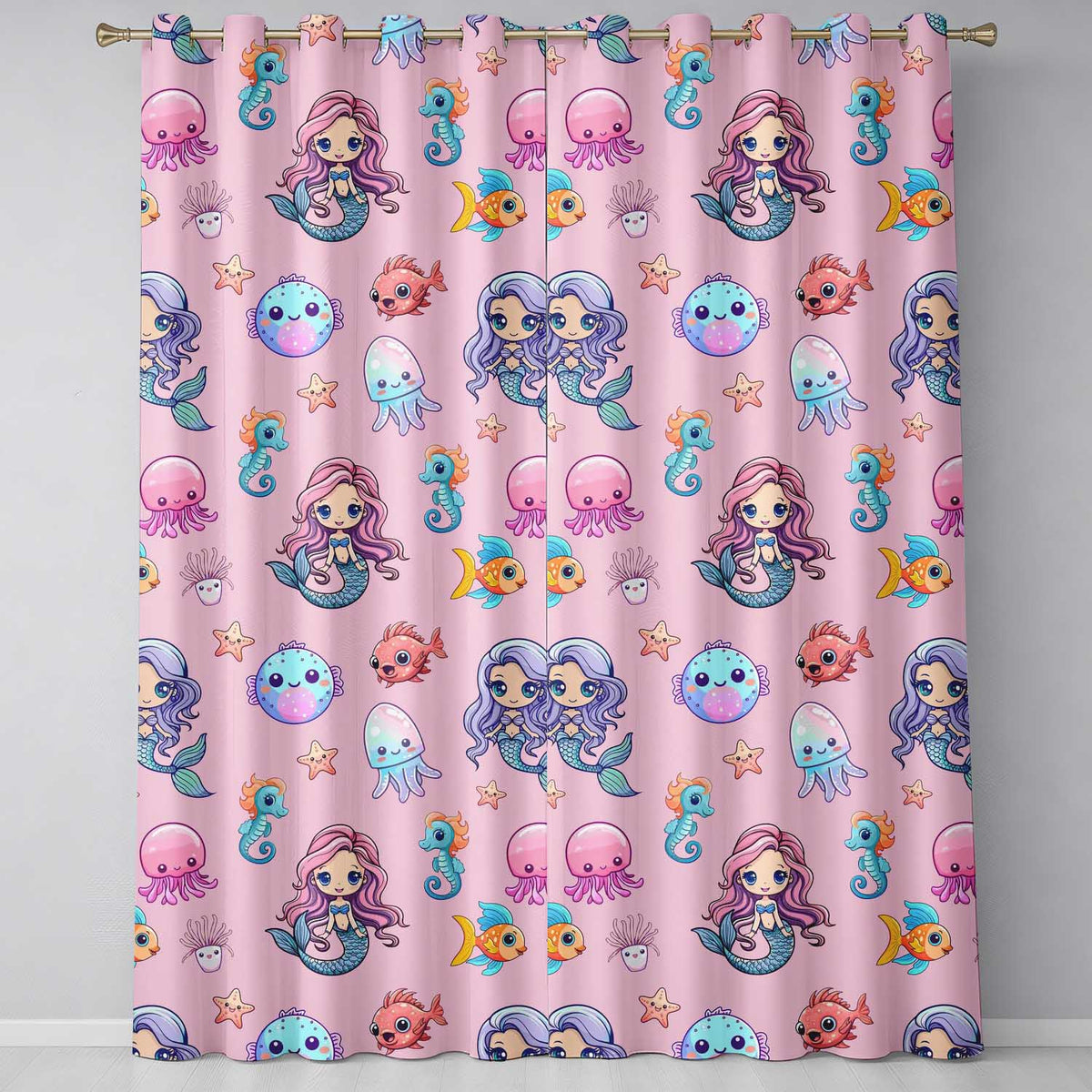 Cute Kawaii Mermaid Seahorse Jellyfish and Starfish Soft Pink Background   Readymade Eyelet Ring Top Thermal 100% Blackout Curtains