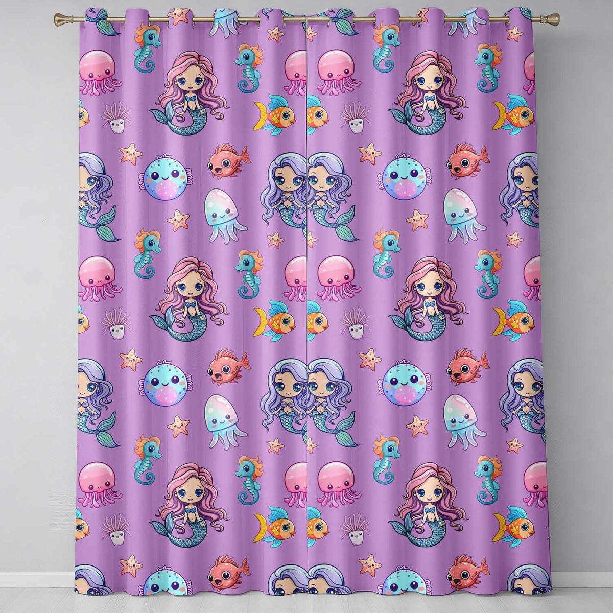 Cute Kawaii Mermaid Seahorse Jellyfish and Starfish Purple Background  Pattern  Readymade Eyelet Ring Top Thermal 100% Blackout Curtains