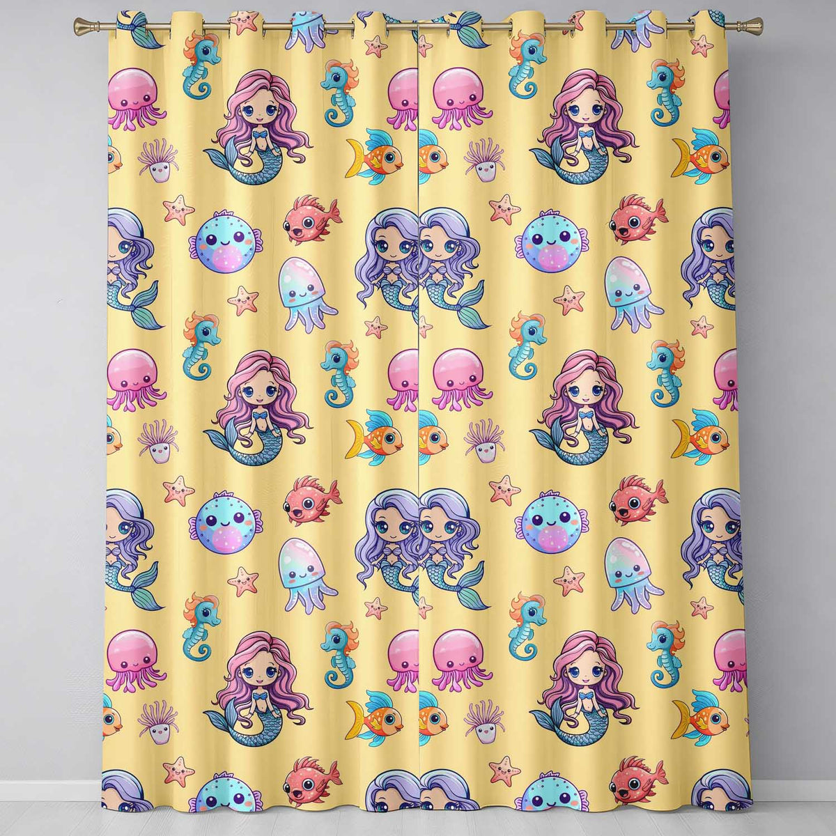 Cute Kawaii Mermaid Seahorse Jellyfish and Starfish Soft Yellow Background   Readymade Eyelet Ring Top Thermal 100% Blackout Curtains